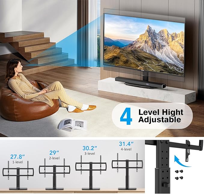 Universal Tabletop TV Stand with Wall Mount for 32 to 70 inch 4 Level Height Adjustable, Heavy Duty Tempered Glass Base, Holds up to 110lbs Screens, HT03B-002