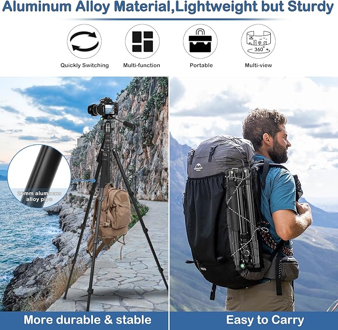 2 in1 Tripod for Camera & Hunting Tripods, 68" Camera Tripods & Monopods with Removable Handle, Aluminum Rifle Tripod & Shooting Stand, Heavy Duty Tripods for DSLR,Canon,Nikon,Sony, Extra Carry Bag