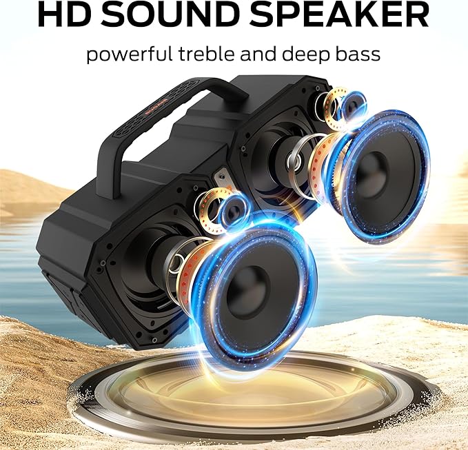 BUGANI Bluetooth Speaker, Shock Portable Bluetooth 5.3, Waterproof, Wireless Speakers, 60W Super Power, Outdoor Speaker, Black (New Model)