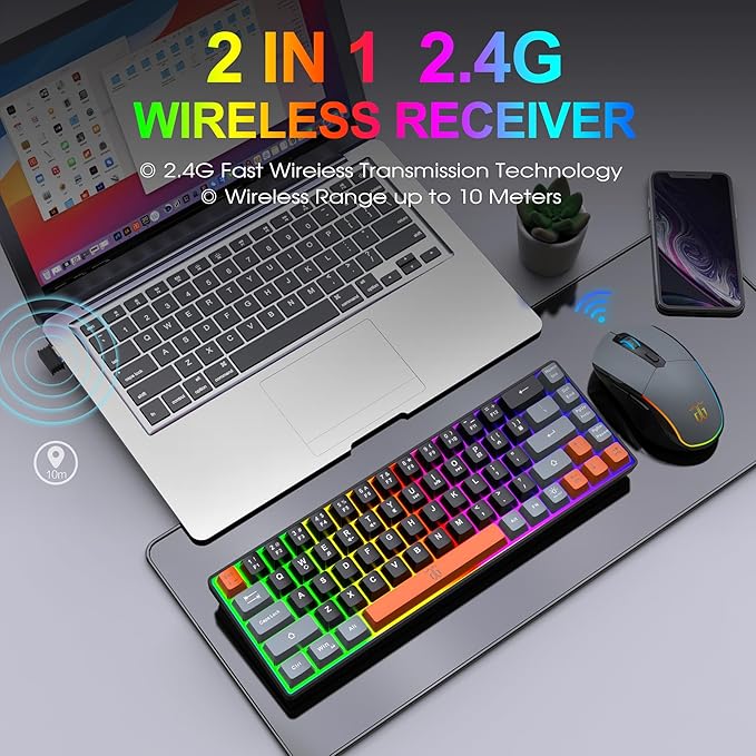 Snpurdiri 60% Wireless Gaming Keyboard and Mouse Combo,Rainbow Backlit Rechargeable 2000mAh Battery,Mini Mechanical Feel Keyboard + Popular RGB Mice for Gaming,Business Office(Gray-Black-Orange)