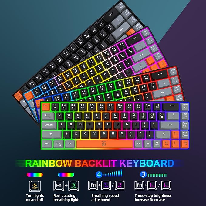 Snpurdiri 60% Wireless Gaming Keyboard and Mouse Combo,Rainbow Backlit Rechargeable 2000mAh Battery,Mini Mechanical Feel Keyboard + Popular RGB Mice for Gaming,Business Office(Gray-Black-Orange)