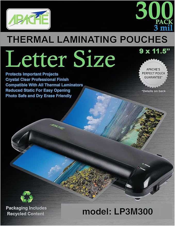 Apache Laminating Pouches 3 mil, for 8.5 x 11 inch Letter Size Paper, 9 x 11.5 inch Sheets, 300 Pack, Office and School Supplies, Thermal Laminator, Super Clear Sheets, 300-Pack, 3mil, Letter Sized