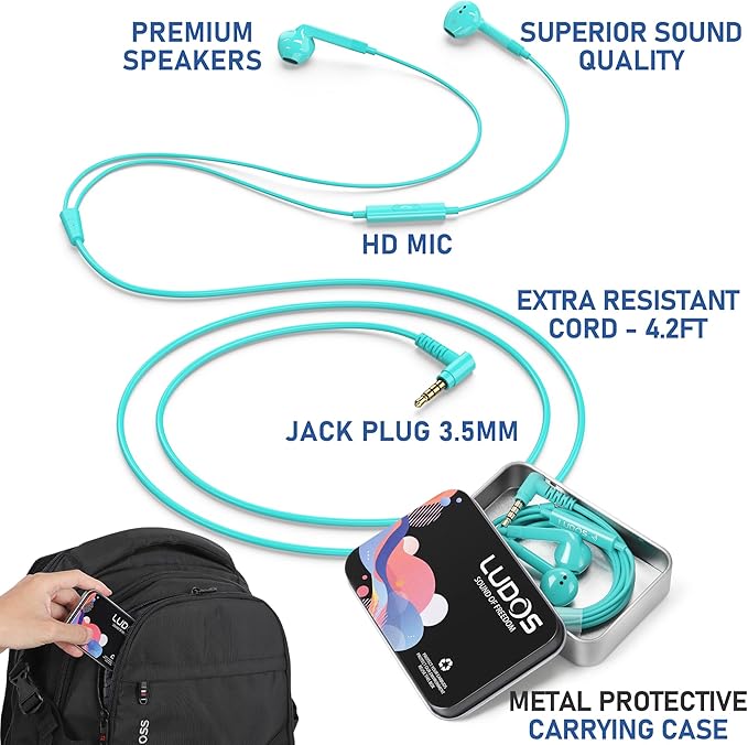 LUDOS FEROX Wired Earbuds in-Ear Headphones, 5 Years Warranty, Earphones with Microphone, Noise Isolation Corded for 3.5mm Jack Ear Buds for iPhone, Samsung, Laptop, Kids, School Students - Turquoise