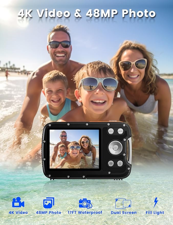 Underwater Camera 4K 48MP Autofocus Selfie Dual Screen Waterproof with Floating Strap and 32GB Card, 17FT Compact Waterproof Digital Camera for Snorkeling
