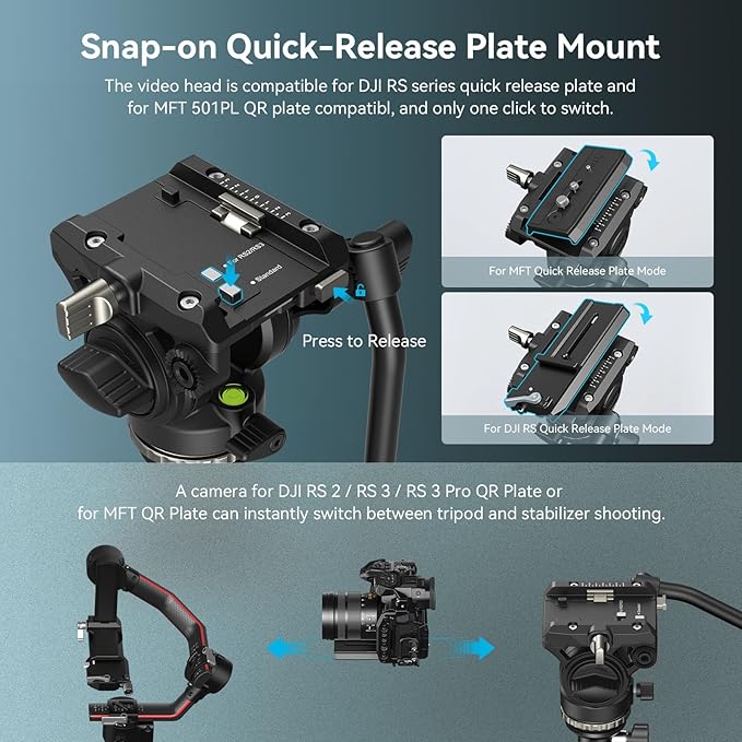 SmallRig AD-50Pro Heavy Duty Video Tripod, Carbon Fiber Lightweight Tripod with FreeSpeed One-Step Height Adjustment, Fluid Head, Dual-Mode QR Plate, Center Column, Weight 7lb, Load up 13.2lb