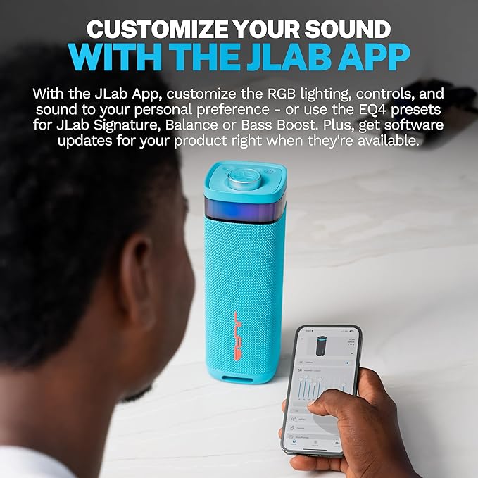JLab JBuds Party Portable Bluetooth Speaker, 2 Full-Range Drivers + 2 Passive Woofers, IP56 Waterproof, 12 Hours Playtime, Connect Multiple Speakers, Custom Sound + RGB Lighting via App, Cyan