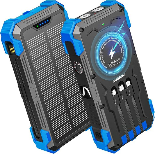 Solar Charger Power Bank, 42800mAh Wireless Portable Charger with USB-C in/Output, QC3.0 Fast Charging 15W 4 Ports Outdoor Battery Pack Built-in Dual Led Flashlights for iPhone Samsung etc