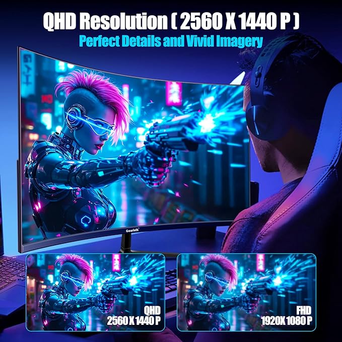 27 Inch Gaming Curved Monitor, 180Hz QHD 2560x1440p PC Monitor with AMD FreeSync, Flicker-Free, HDMI 2.0, DP 1.4, Ultra-Thin Frameless 2K Computer Screen