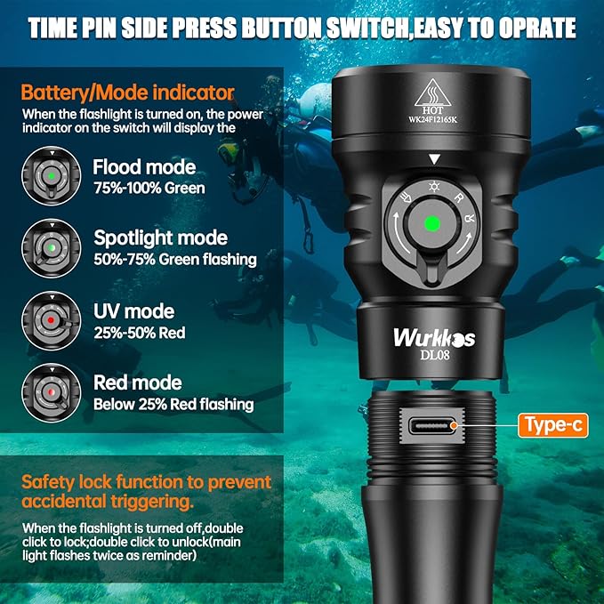 Wurkkos DL08 Dive Light, 3600 Lumens Rechargeable Scuba Underwater Lights with Red and UV Light, IP68 Underwater Video with Infinite Brightness Adjustment and 5000mAh Battery for Night Diving