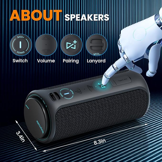 Raymate Bluetooth Speaker, IPX7 Waterproof, 30W Stereo with Deep Bass, Wireless Blue Tooth 5.3, 100Ft Range TWS Pairing, 15H Playtime, Portable Speakers with Lanyard for Party Beach Travel Gift