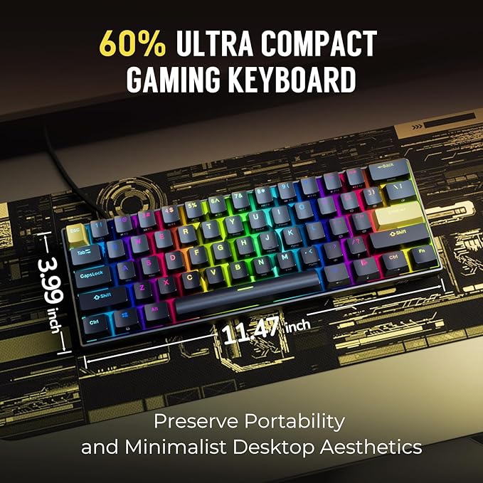 RK ROYAL KLUDGE C61 HE Gaming Keyboard 60% Wired Mechanical Keyboard with Hall Effect Magnetic Switch 8000Hz Polling Rate Rapid Trigger RGB Backlit, 61 Keys, Black Yellow