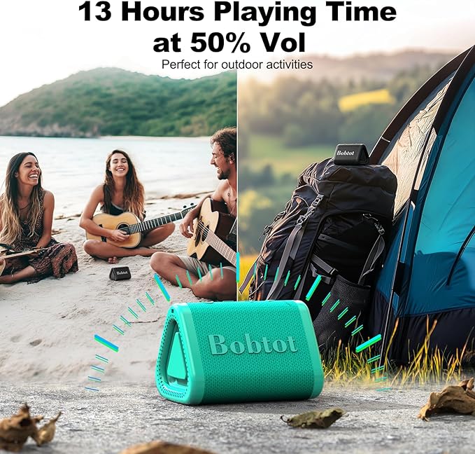 Bobtot Portable Bluetooth Speaker Wireless, IPX7 Small Shower Speaker Waterproof, 15H Playing Time, Loud and Stereo Sound with Bass, TWS Pairing for Party, Camping, Travel, Green