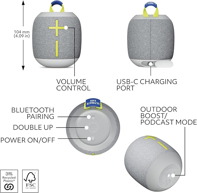 Ultimate Ears WONDERBOOM 4 Outdoor Speakers Bluetooth Waterproof with Big Bass & 360-Degree Sound, Dustproof Floating Wireless Speaker, 131ft Range - Gray