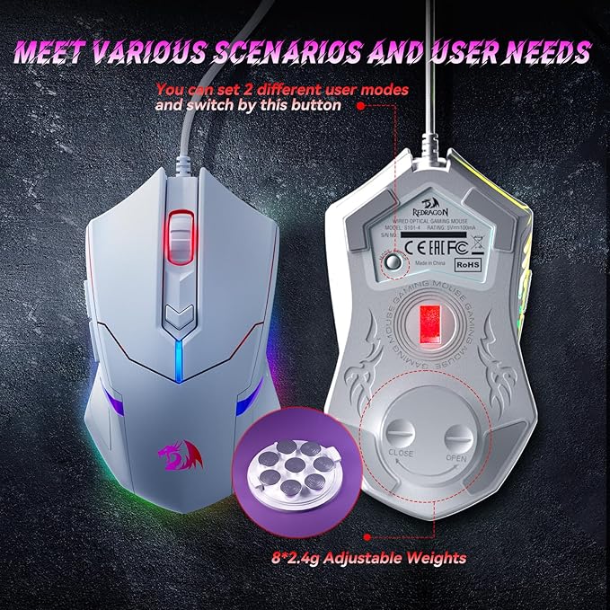 Redragon Updated Programmable Gaming Keyboard and Mouse, RGB Backlit Keyboard Mouse with Software, Independent Macro Record Keys, Value Combo Set, White - S101-3 PRO