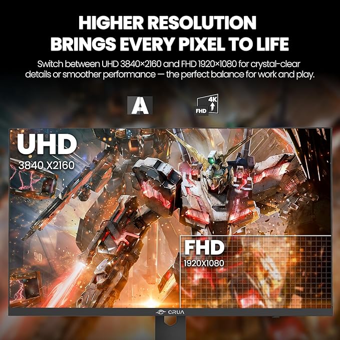 CRUA 27” 4K Gaming Monitor, UHD 3840x2160 160Hz IPS Screen, Height/Pivot/Swivel/Tilt Adjustable Vertical Monitor, Support AMD FreeSync, Built-in Speakers, 120% sRGB, PIP/PBP, HDMI 2.1 & DP 1.4-Black