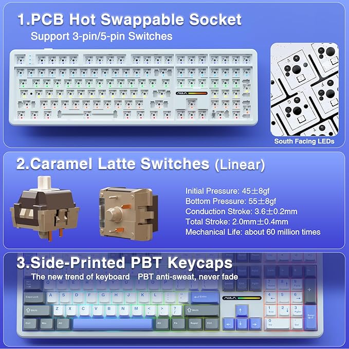 AULA F108 Wireless Mechanical Keyboard, BT5.0/USB-C/2.4GHz Hot Swappable Custom Gaming Keyboards, PBT Keycaps, Pre-lubed Switches, RGB Backlit Full Size Creamy Keyboard with Number Pad, 108 Keys