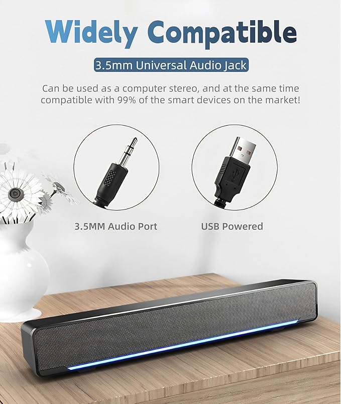 Soundbar,USB Wired SoundBar,Music Player with Bass Surround,Stereo USB Powered Mini Soundbar Speakers with 3.5mm Input for PC Tablets Laptop Desktop Projector Cellphone for Home Theater(Black)