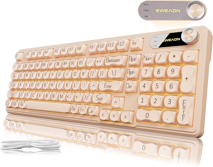 V102 Wired Keyboard, 98 Keys Creamy Gaming Keyboard with Number Pad, Display Screen & Media Knob RGB Silent Wired Cute Computer Keyboard for Laptop PC Gamer - Cream Pink