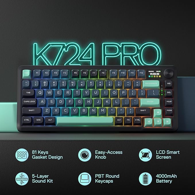 Redragon K724 PRO Wireless Gasket Gaming Keyboard w/Hype Screen & Knob, 81-Key Mechanical Keyboard, Easy-Control 1.14’’ TFT Info Display, 5-Layer Noise Dampening, Custom Linear Switch, Dark Jade Color