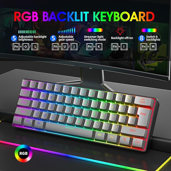 Snpurdiri 60% Wired Gaming Keyboard, RGB Backlit Ultra-Compact 61 Keys 60 Percent Mini Gaming Keyboard for PC/Mac Gamer, Typist, Travel, Easy to Carry on Business Trip(Iron Grey)
