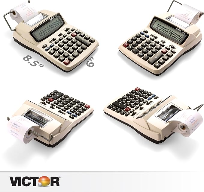 Victor Printing Calculator, 1208-2 Compact and Reliable Adding Machine with 12 Digit LCD Display, Battery or AC Powered, Includes Adapter,White