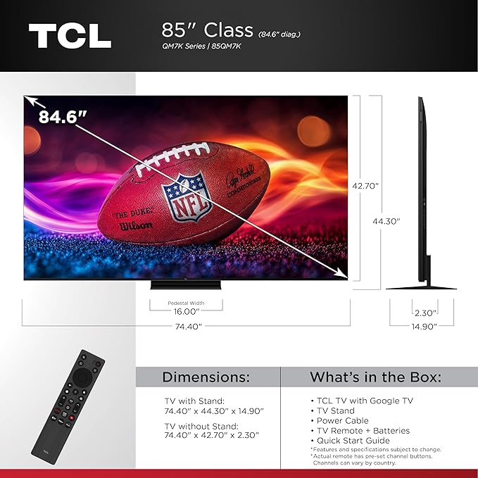 TCL 85-Inch Class QM7K Series QD-Mini LED 4K UHD Google Smart TV Best Premium Mini-LED TV - QLED, 144hz, 288hz Gaming Rate, Anti-Reflective Screen, Bang & Olufsen Audio, Atmos (85QM7K, 2025 Model)
