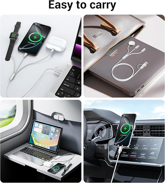 Temdan for Travel Vacation Essentials,3 in 2 USB C Cable for Apple Watch Charger/iPhone 17 Charger/Lightning,Multi Charging Cable Cord,Camping Essentials,Designed for iWatch &iPhone 16-12-5FT White