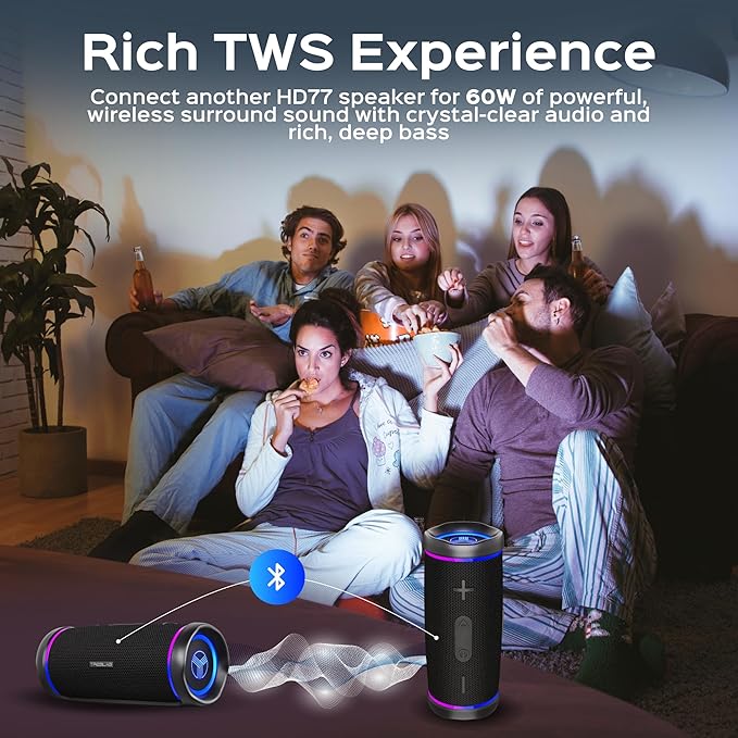 TREBLAB HD77 Portable Bluetooth Speaker - Loud 360° HD Surround Sound, Wireless Dual Pairing, 25W Powerful Bass, 20H Battery, Best for Outdoor Sports - True IPX6 Waterproof (Renewed)
