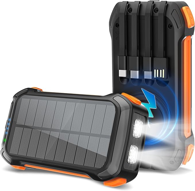 Power Bank 49800mAh Solar Charger 15W Wireless Charging USB-C 22.5W Fast Charging with 4 Built-in Cables LED Flashlight Battery Pack Compatible with iPhone, iPad, Galaxy, Perfect for Camping, Hiking