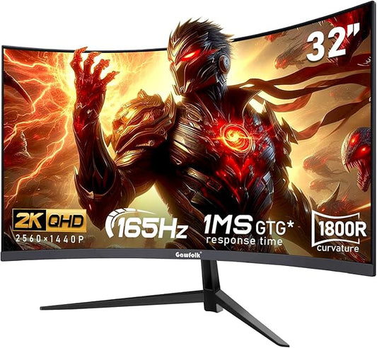 32 inch 2K QHD(2560×1440P) 165Hz Curved Gaming Monitor,PC Screen, 1ms，FreeSync, 98% sRGB，178° Wide Viewing Angle，DisplayPort、HDMI, Wall Mount Compatible 100 * 100MM Wall - Black