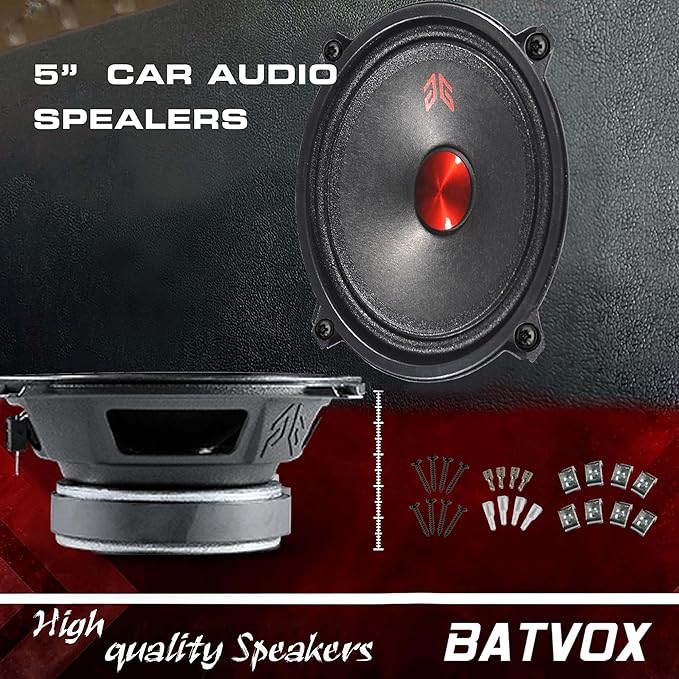 MX52P1 Midrange Loudspeaker 5" Red Dust Cap, 160W Max, 4 Ohms, Premium Quality Audio Door Speakers for Car or Truck Stereo Sound System, Black (2 Speaker)