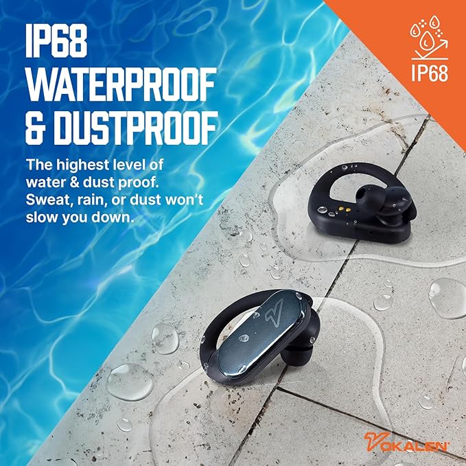 VOKALEN Reflex Pro - Wireless Sport Earbuds with Ear Hooks, Active Noise Cancellation, up to 50H of Battery Life, IP68 Dust and Waterproof, Touch Control, Secure Fit for Sports (Black)