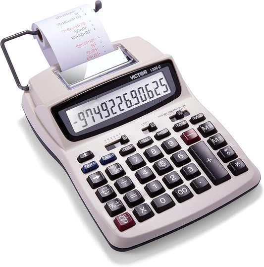 Victor Printing Calculator, 1208-2 Compact and Reliable Adding Machine with 12 Digit LCD Display, Battery or AC Powered, Includes Adapter,White