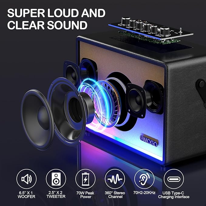 Portable Bluetooth Speaker with 2 Wireless Mics | 70W Peak Deep Bass Birchwood Cabinet | Bluetooth PA System for Outdoor Camping, Backyard| Dynamic LED Lights, USB/AUX/OTG, Rechargeable Battery(Black)