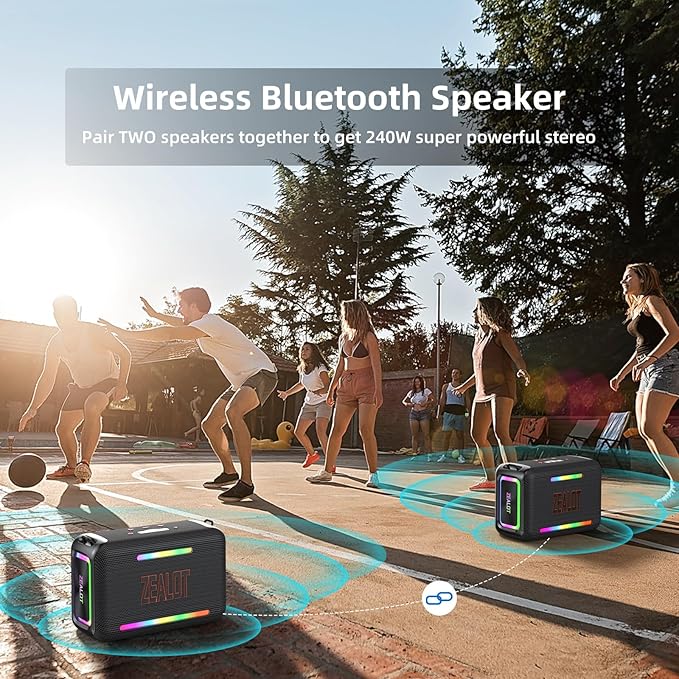 ZEALOT 120W Bluetooth Speaker, Wireless Speakers IPX6 Waterproof Loud Bluetooth Subwoofer Speaker with LED Light, 40H Playtime, Custom EQ, Portable Wireless Stereo Paired Speakers for Outdoor, Party