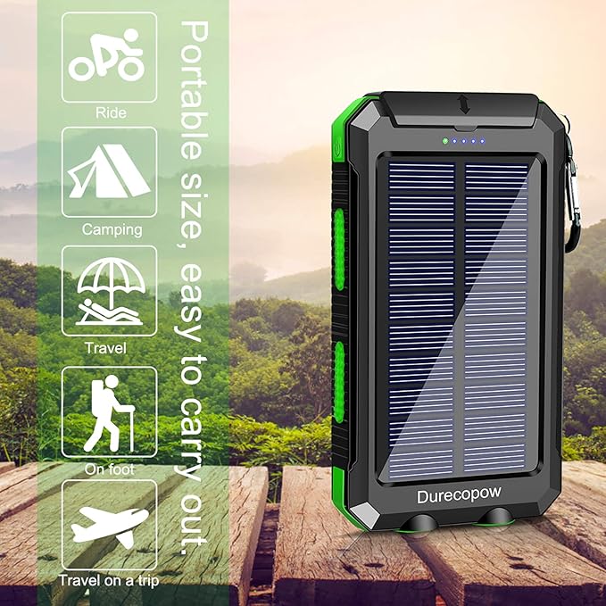 Solar Charger Power Bank, 20000mAh Portable Outdoor Waterproof Solar Battery Charger, Camping External Backup Battery Pack USB C Ports Input/Output, 2 Led Light Flashlight with Compass (Green)