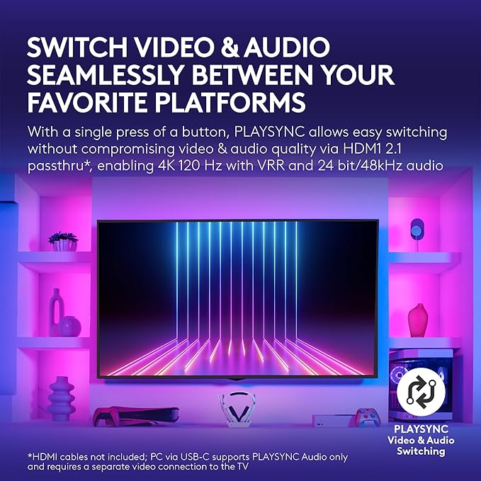 Logitech G Astro A50 X Omni-Platform Wireless Gaming Headset + Base Station for PS5, Xbox, PC: PLAYSYNC Video & Audio Switcher, HDMI 2.1 4K 120Hz VRR, <24 bit/48 kHz, 24hr Battery, 2.4GHz & BT - White