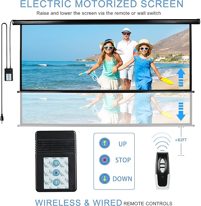 Kayle 110" Motorized Projector Screen Electric Diagonal Automatic Projection HD Movies Screen for Home Theater Presentation Education Outdoor Indoor W/Remote Control and Wall/Ceiling Mount (Black)