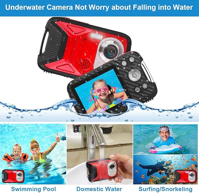 Waterproof Digital Camera with 32GB Card HD 1080P 36MP Underwater Digital Camera for Kids Teens Students Boys Girls(Red)