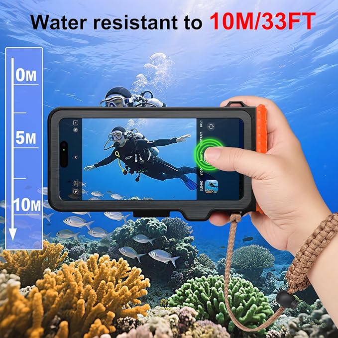Waterproof Phone Case for Snorkeling & Diving (33ft/10m), IP68 Waterproof Hard Case for Swimming, Universal Underwater Touch Screen Case Compatible with iPhone (Orange, 4th Generation Phone Case)