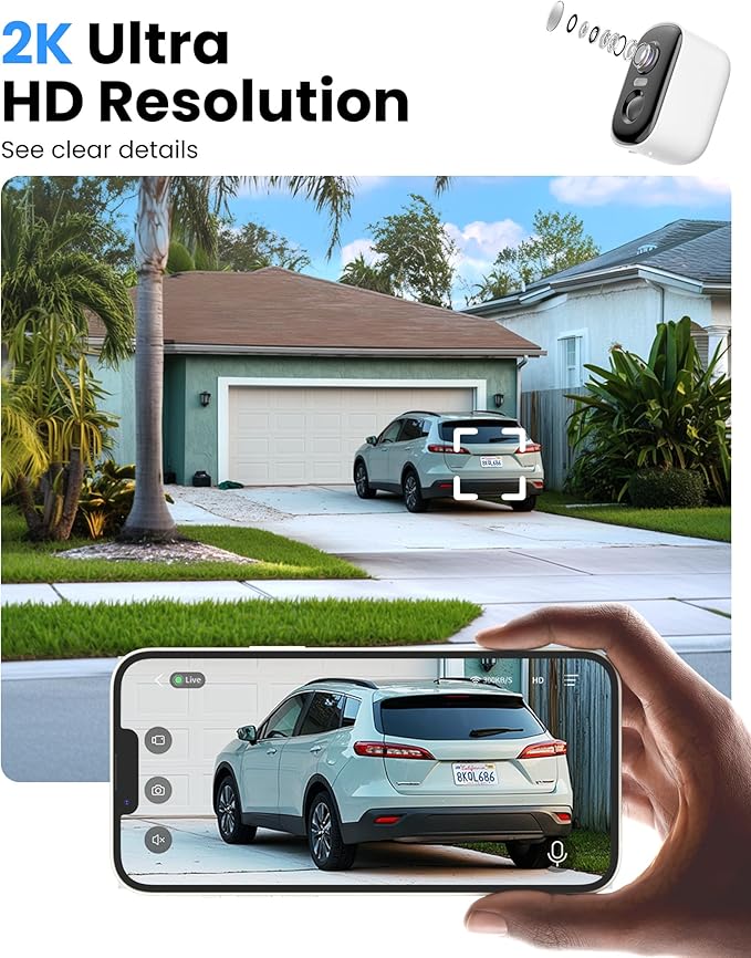 2K Security Cameras Wireless Outdoor, WiFi Cameras for Home Security with Solar Panel, Spotlight Color Night Vision, AI Motion Detection, Siren Alarm, 2-Way Talk, IP66, Cloud/SD Storage