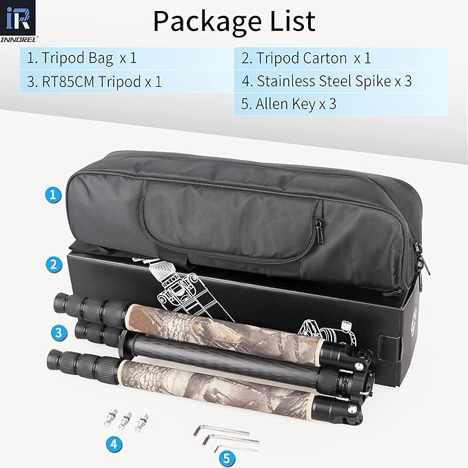 Carbon Fiber Tripod-INNOREL RT85CM Without Ballhead Super Professional Tripod Monopod Heavy Duty Stand Support for Digital DSLR Camera Brown Camouflage