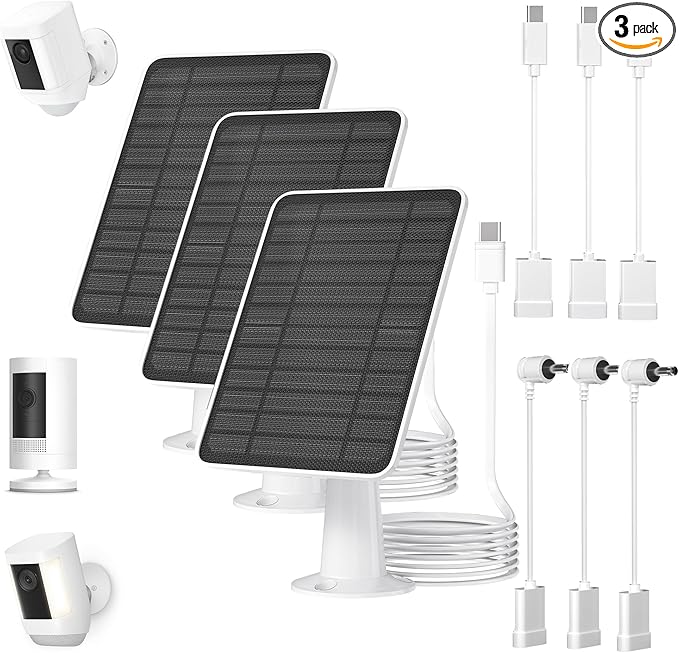 5W Solar Panel for Ring Camera, Solar Panel Charger Compatible with Ring Spotlight Plus/Pro Stick Up Outdoor Cam Battery, 9.8ft Cable with USB-C to Barrel Plug Adapter & Micro-USB Adapter, 3 Pack