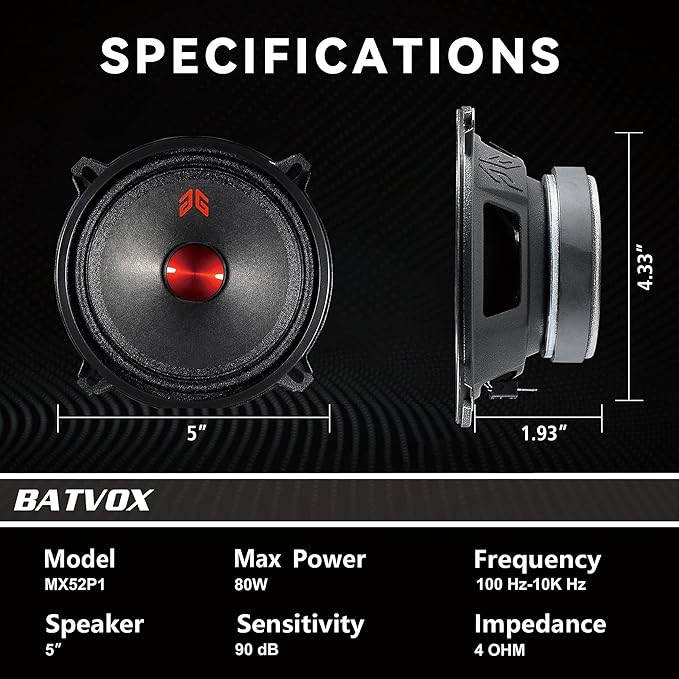 MX52P1 Midrange Loudspeaker 5" Red Dust Cap, 160W Max, 4 Ohms, Premium Quality Audio Door Speakers for Car or Truck Stereo Sound System, Black (2 Speaker)