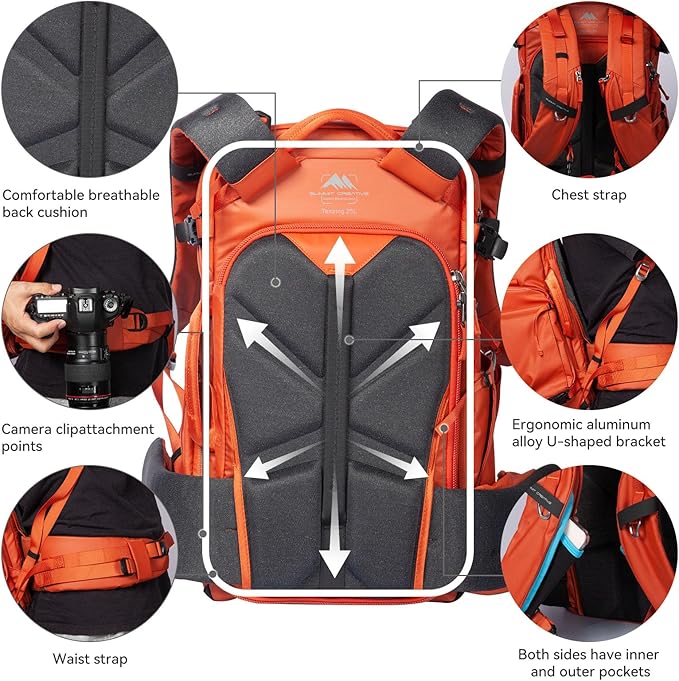 Tenzing 25L Camera Backpack with Rain Cover for Photographers 14 inch Laptop Compartment Waterproof Large Camera Bag for Drone,Cameras, Batteries, Lenses,Tripod(Orange)