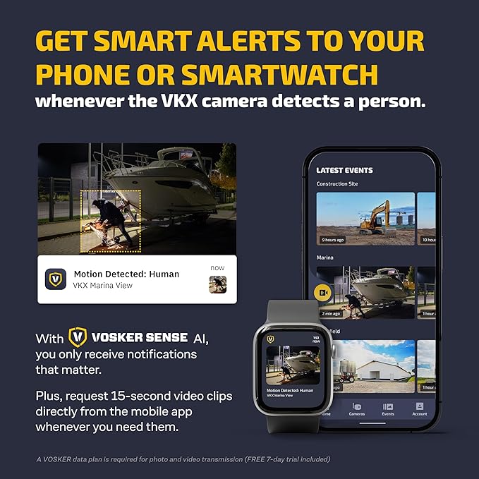 Vosker VKX Solar Powered 4G-LTE Outdoor Cellular Security Camera - No WiFi Needed, Motion Activated, Night Vision, SIM Card Included, On-Demand Mode - 15s Video Clips, IP65 Weather-Resistant