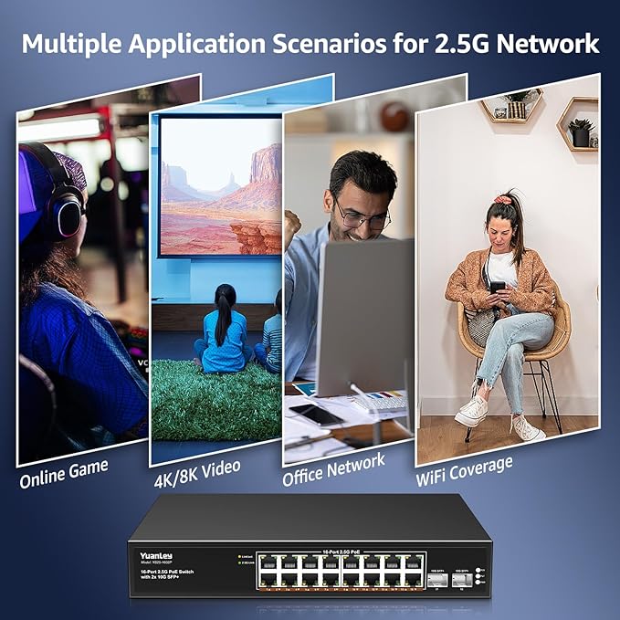 YuanLey 18 Port 2.5G PoE Switch Unmanaged, 16 x 2.5G Base-T PoE Ports, 2 x 10G SFP+, IEEE802.3af/at, 250W, Compatible with 100/1000/2500Mbps, Metal Case, Desktop/Rack Mount 2.5Gbe Network Switch