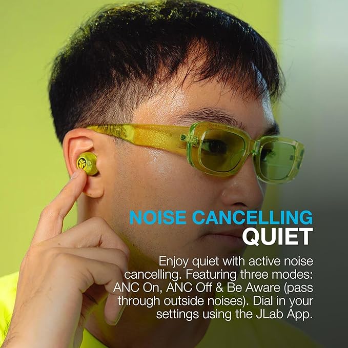 JLab Go Pop ANC True Wireless Earbuds & Charging Case, Transparent Neon Green, Active Noise Cancelling, 10mm Drivers, Dual Connect, Customize Your Sound with App, Be Aware Mode, MEMS Microphone