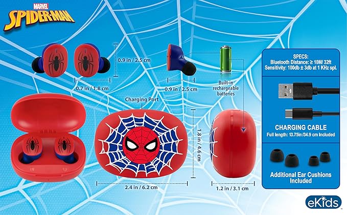 eKids Spiderman Wireless Earbuds with Microphone, Bluetooth Earbuds with Charging Case for Ear Buds, Designed for School, Home, or Travel