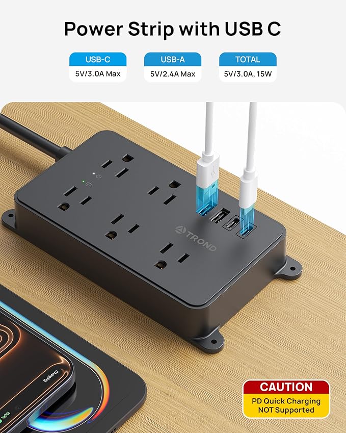 TROND Power Strip Surge Protector, 5 Widely-Spaced Outlets with 2 USB A and 2 USB C, ETL Listed, Wall Mountable, Flat Plug 5ft Extension Cord, 1300J, 14AWG Heavy Duty, for Office Kitchen, Black